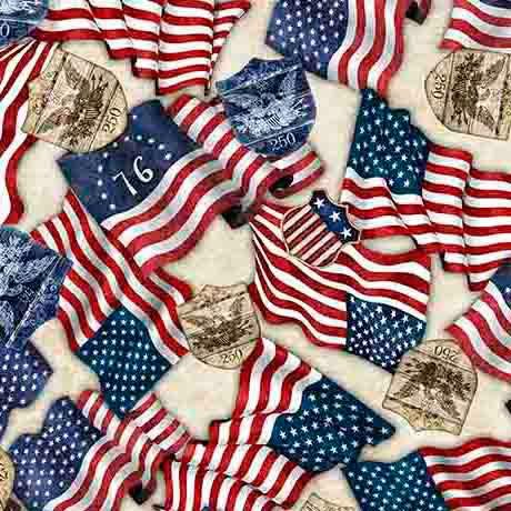 1776 American Flags & 250 Crest Birch White - 31662 E - QT Fabrics - Nebraska Quilt Company - F2501596