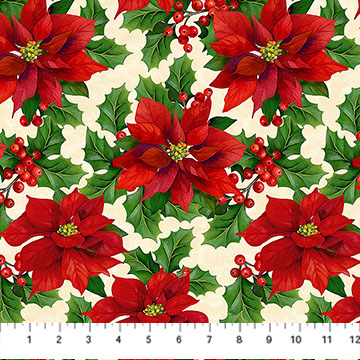 Deck the Halls Poinsettia Beige Multi - Nebraska Quilt Company - F261416