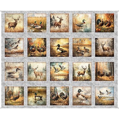 Forest, Field & Stream Wildlife Picture Patches Gray Panel - Nebraska Quilt Company - PAN251232