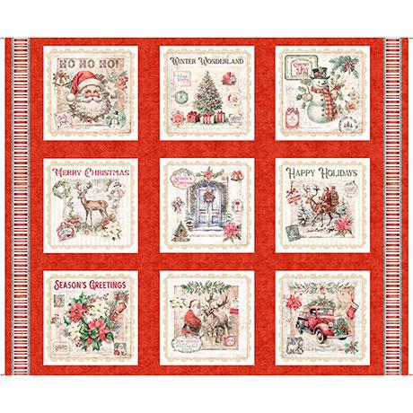Holly Jolly Christmas Ephemera Blocks Red Panel 36" x 42" - Nebraska Quilt Company - PAN2403153