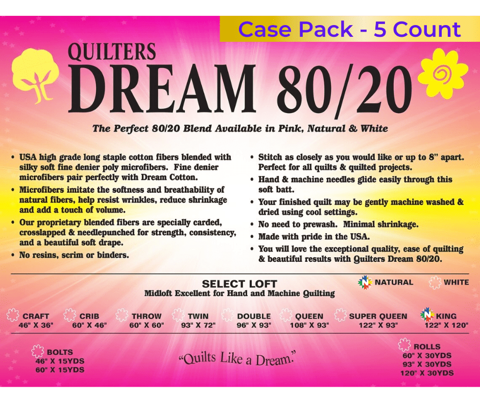 Quilters Dream Natural 80/20 Select Batting King Case 5 Pieces - Nebraska Quilt Company - Quilters Dream Natural 80/20 Select Batting King Case 5 Pieces