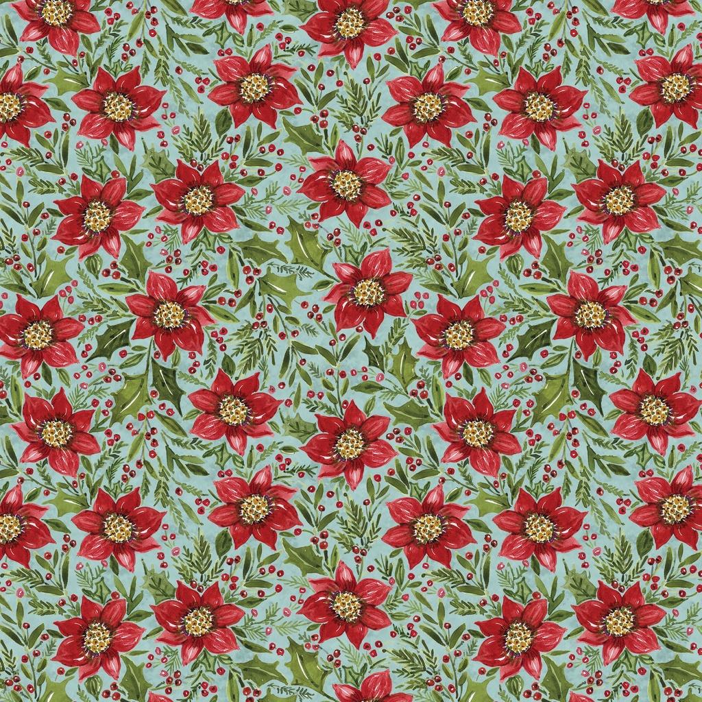Snowy Greetings Poinsettia and Holly Blue - W105 - 034 - 536 - White Owl Textiles - Nebraska Quilt Company - F261001