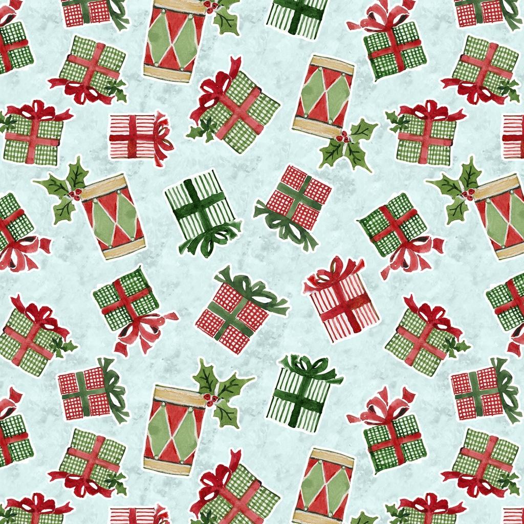 Snowy Greetings Present Toss Blue - W105 - 035 - 563 - White Owl Textiles - Nebraska Quilt Company - F261006
