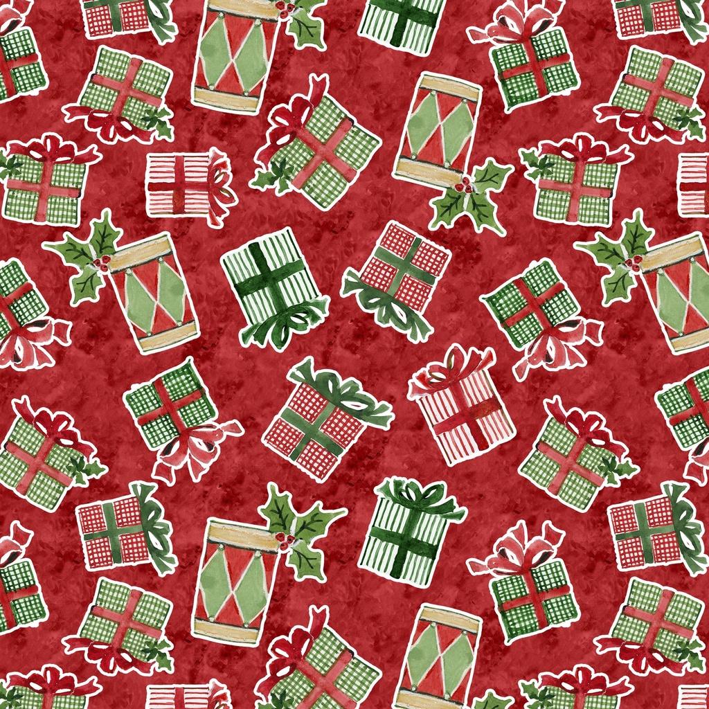 Snowy Greetings Present Toss Red - W105 - 035 - 363 - White Owl Textiles - Nebraska Quilt Company - F261005
