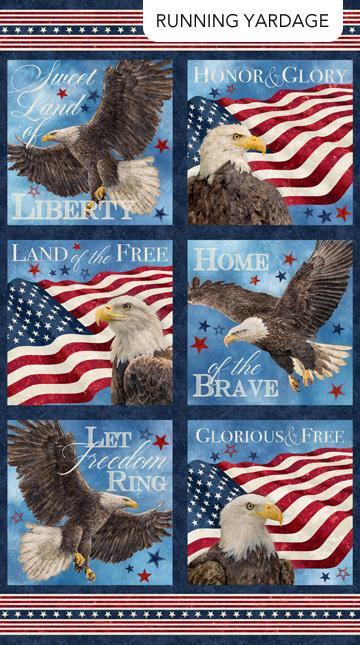 Stars & Stripes 13 Stonehenge Bald Eagle Squares Multi Panel 24" X 40" - Nebraska Quilt Company - PAN2402319