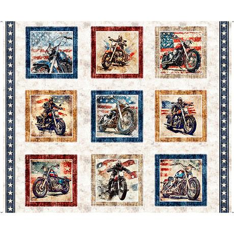 Stars Stripes & Steel Motorcycle Picture Patches Panel 36" x 43" - Nebraska Quilt Company - PAN260853