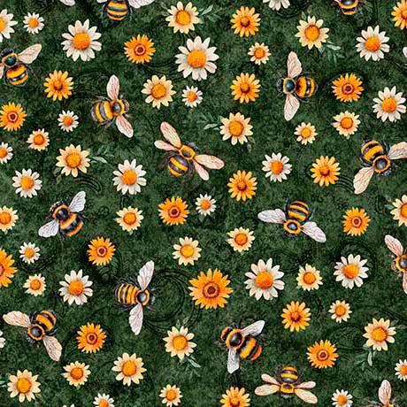 Sunflower Serenade Sunflowers & Bumble Bees Forest - 2600 - 31805 - F - QT Fabrics - Nebraska Quilt Company - F260877