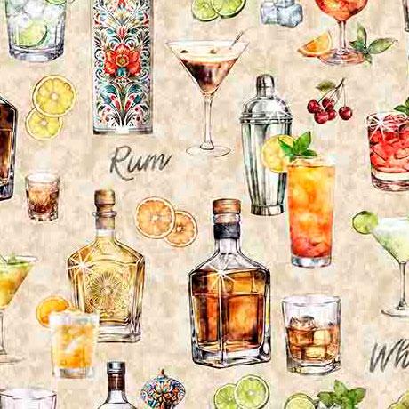 That's The Spirit Liquor Bottles & Cocktails Oatmeal Tan - 31003 - E - QT Fabrics - Nebraska Quilt Company - F2403083