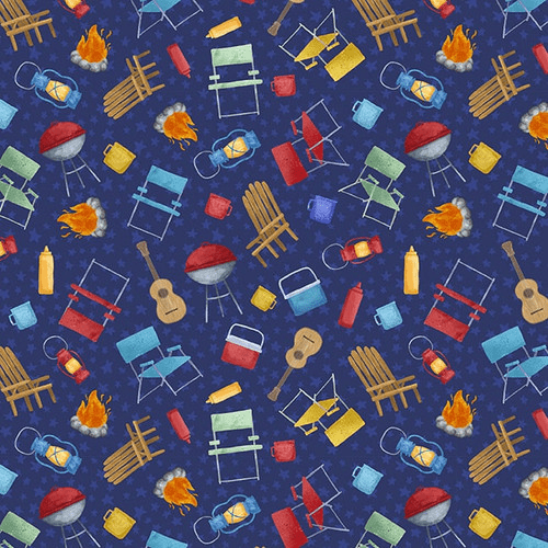 Camp USA Dark Blue Camping Motifs - CAMPUSA - B - 3062 - 77 - Blank Quilting - Nebraska Quilt Company - F04274