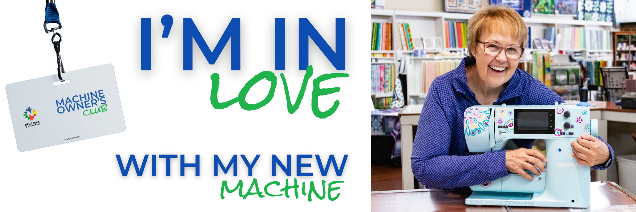 Happy NQC Machine Owner’s Club member hugging her new sewing machine in Fremont, Nebraska.