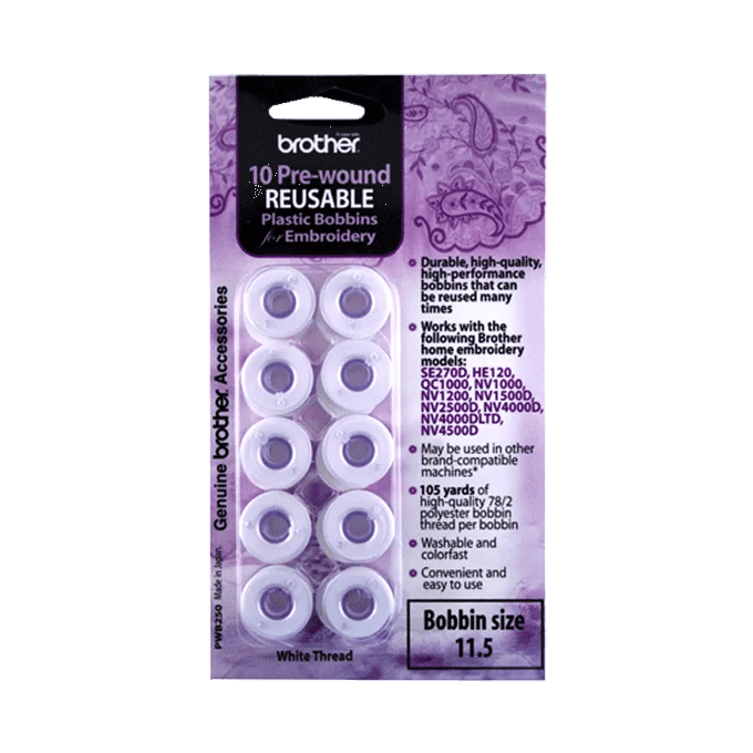 Brother Pre-Wound Embroidery Bobbins 10 Pack White - Nebraska Quilt Company - APWB250