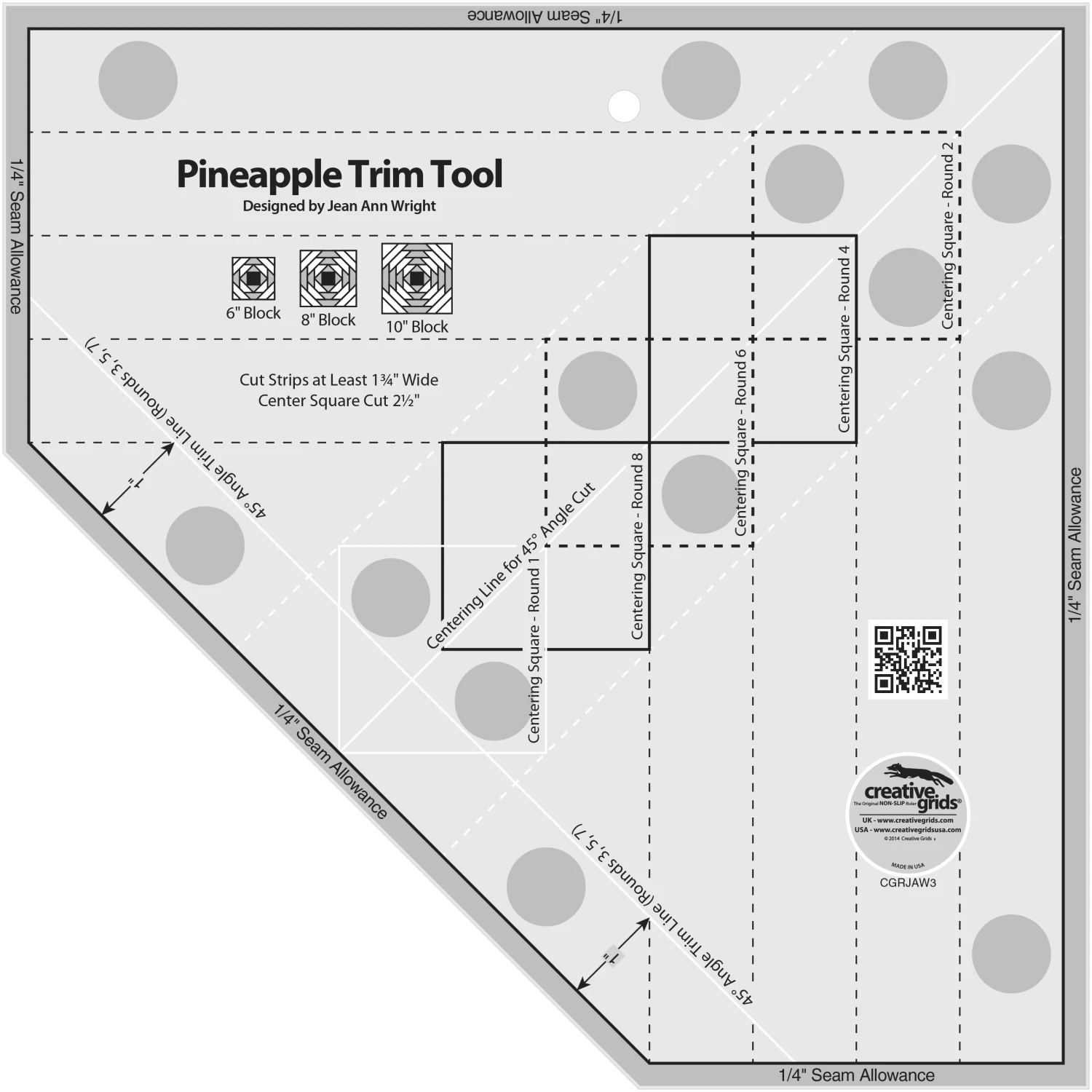 Creative Grids Quilt Ruler Pineapple Trim Tool for 6, 8 or 10in Finished Blocks - Nebraska Quilt Company - Creative Grids Quilt Ruler Pineapple Trim Tool for 6, 8 or 10in Finished Blocks