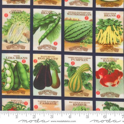 Farm And Garden Seed Packets Indigo Dark Blue Multi - 7473 16 - Moda Fabrics - Nebraska Quilt Company - F2401416