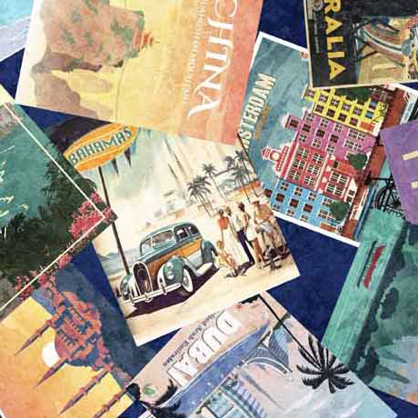 Globetrotter Travel Posters Navy - 30528 - N - QT Fabrics - Nebraska Quilt Company - F09724