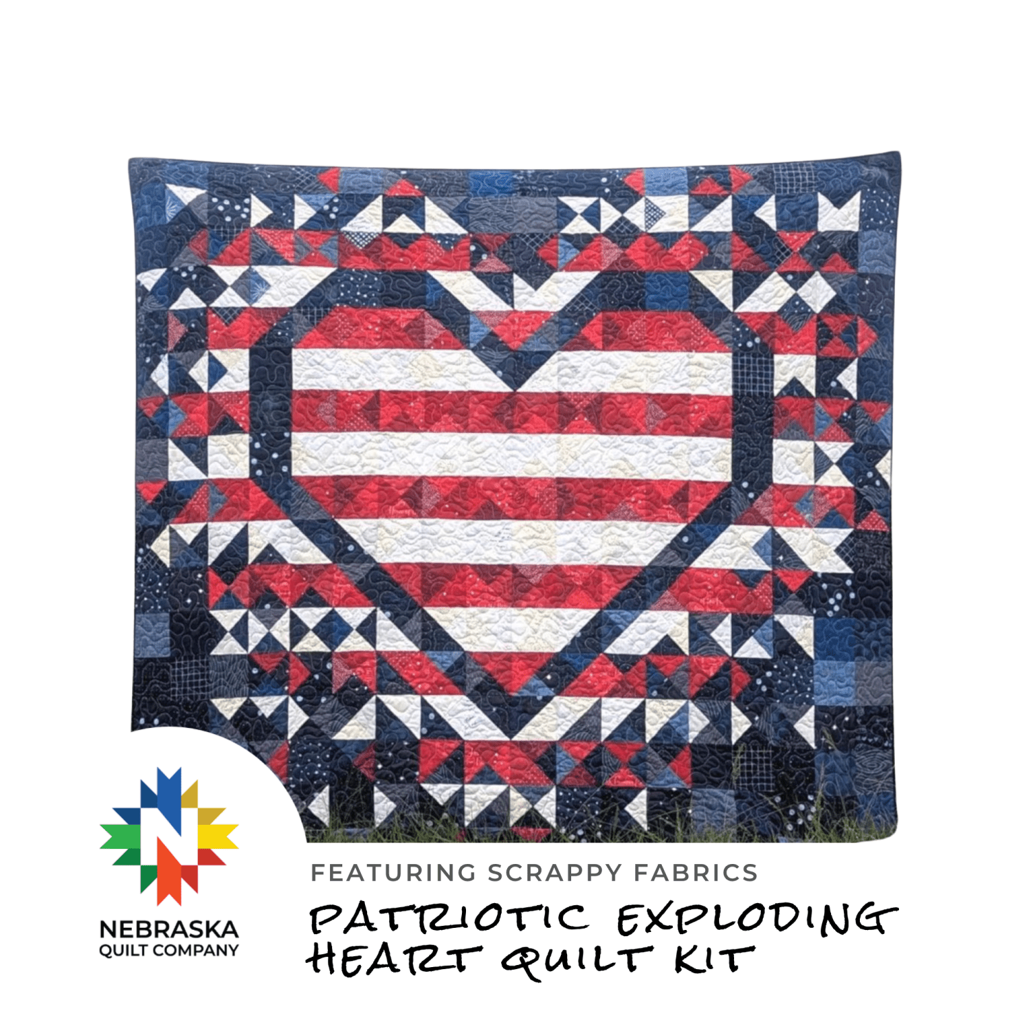 Patriotic Exploding Heart Quilt Kit featuring Scrappy Fabrics - Nebraska Quilt Company - K261050