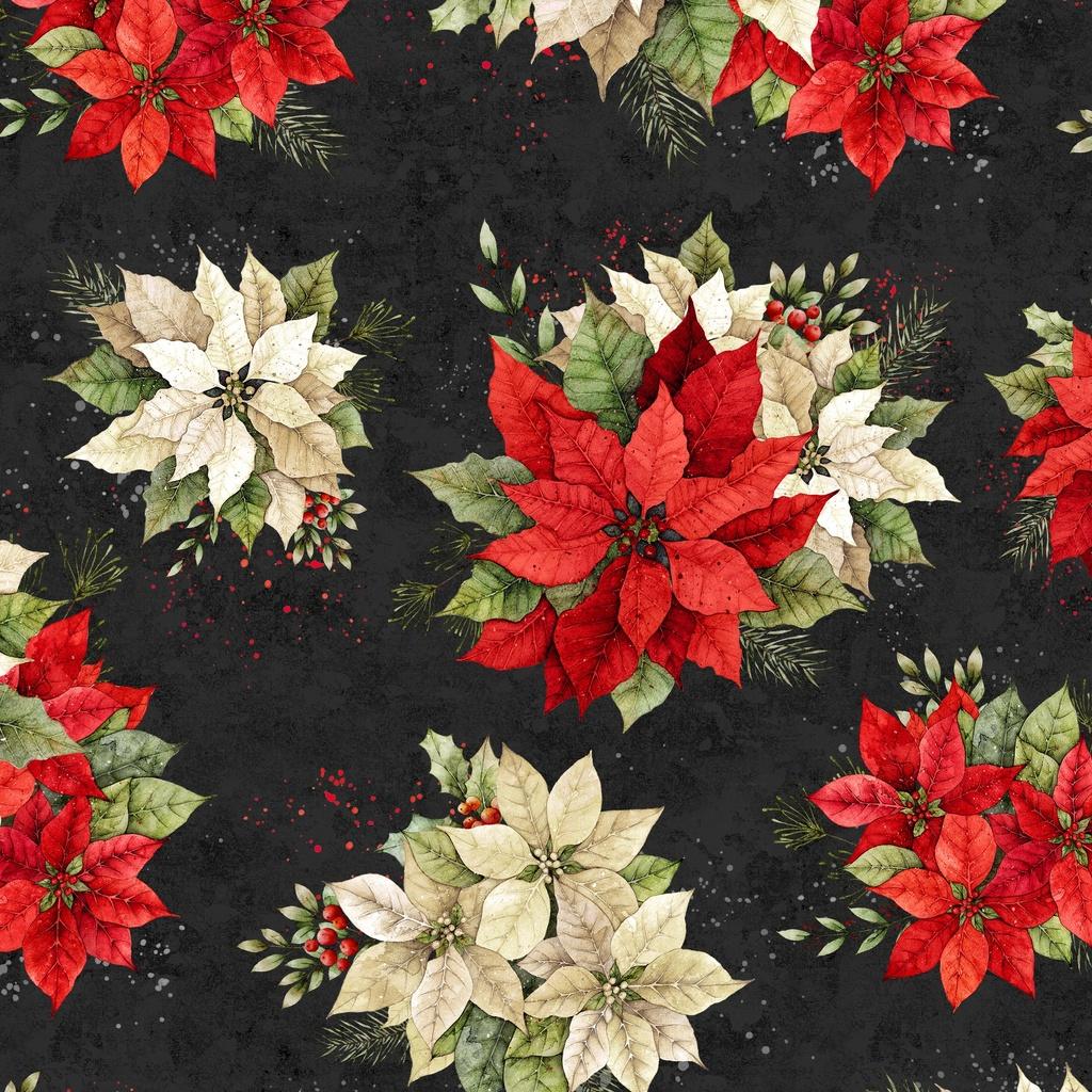 Poinsettia Radiance Poinsettia Bouquets Black - W110 - 007 - 730 - White Owl Textiles - Nebraska Quilt Company - F261037