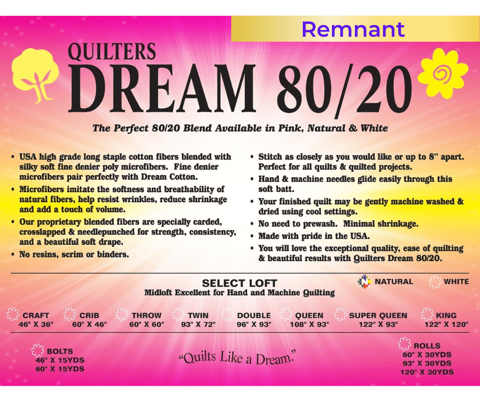 Quilters Dream Natural 80/20 Batting 93" Wide by the Yard 24" x 93" Remnant - Nebraska Quilt Company - PC2502348