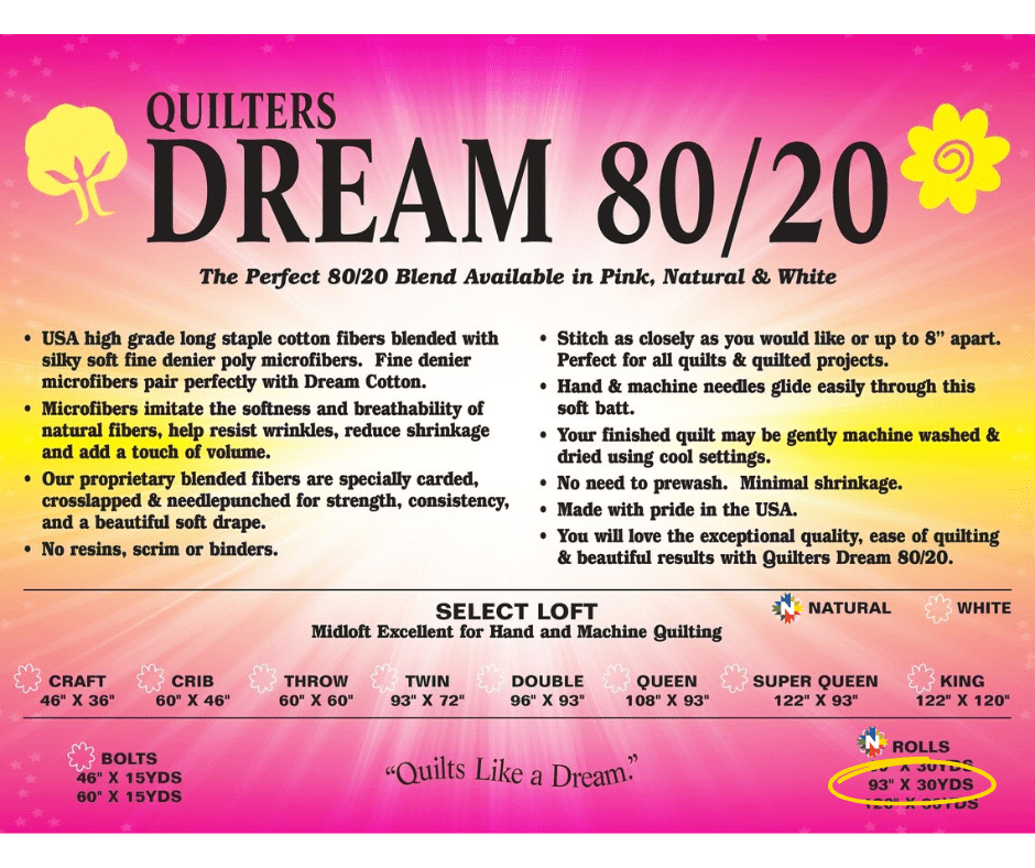Quilters Dream Natural 80/20 Select Batting Queen Roll 93" x 30 Yards - Nebraska Quilt Company - Quilters Dream Natural 80/20 Select Batting Queen Roll 93" x 30 Yards