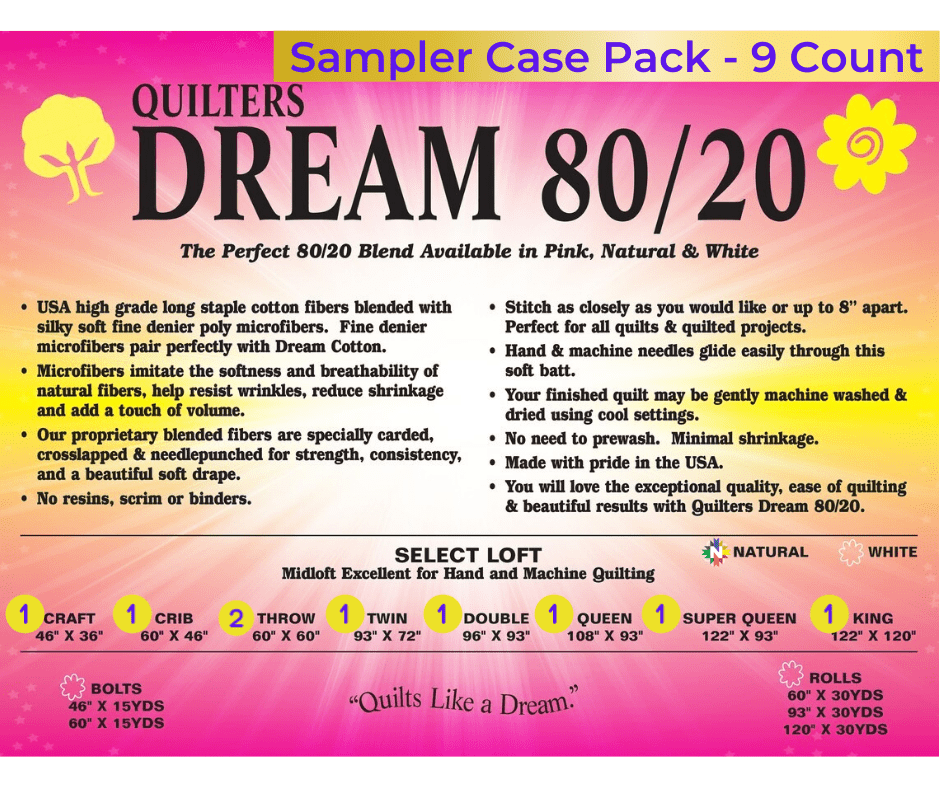 Quilters Dream Natural 80/20 Select Batting Sampler Case 9 Pieces - Nebraska Quilt Company - Quilters Dream Natural 80/20 Select Batting Sampler Case 9 Pieces