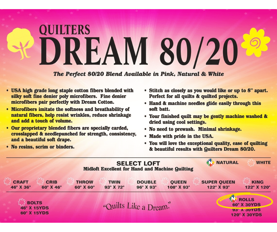 Quilters Dream Natural 80/20 Select Batting Throw Roll 60" x 30 Yards - Nebraska Quilt Company - Quilters Dream Natural 80/20 Select Batting Throw Roll 60" x 30 Yards