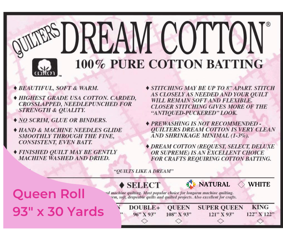 Quilters Dream Natural Cotton Select Batting Queen Roll 93" x 30 Yards - Nebraska Quilt Company - Quilters Dream Natural Cotton Select Batting Queen Roll 93" x 30 Yards