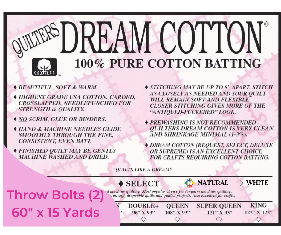 Quilters Dream Natural Cotton Select Batting Throw Bolts (2) 60" x 15 Yards - Nebraska Quilt Company - Quilters Dream Natural Cotton Select Batting Throw Bolts (2) 60" x 15 Yards