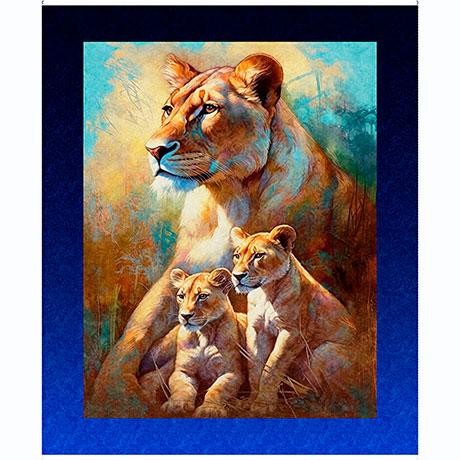 Roar Of The Pride Lioness & Cubs Royal Blue Panel 36" x 40" - Nebraska Quilt Company - PAN251244