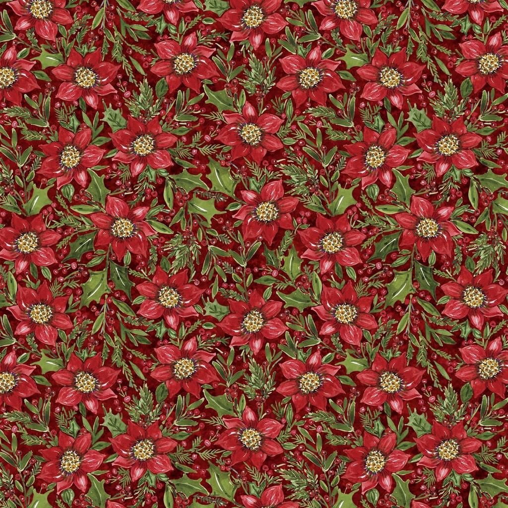 Snowy Greetings Poinsettia and Holly Red - W105 - 034 - 336 - White Owl Textiles - Nebraska Quilt Company - F261000