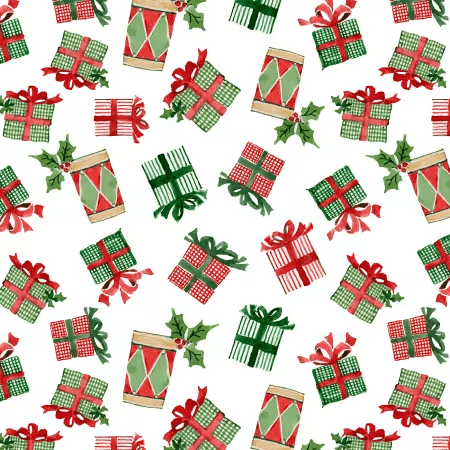 Snowy Greetings Present Toss White - W105 - 035 - 063 - White Owl Textiles - Nebraska Quilt Company - F261004