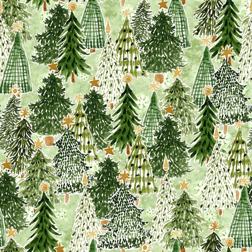 Snowy Greetings Trees Green - W105 - 032 - 662 - White Owl Textiles - Nebraska Quilt Company - F260982
