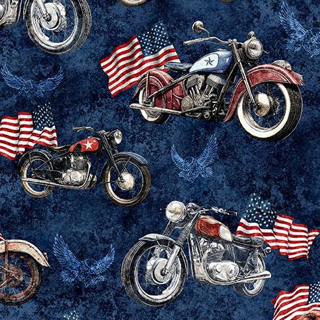 Stars Stripes & Steel Motorcycles and American Flags Navy Blue - 2600 - 31697 - N - QT Fabrics - Nebraska Quilt Company - F260857