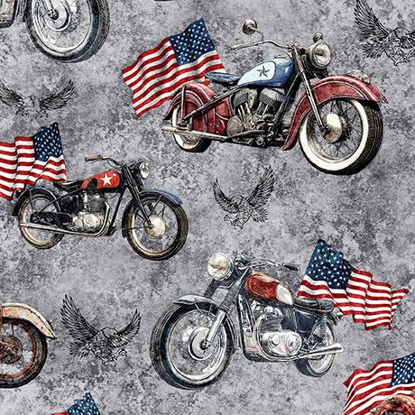 Stars Stripes & Steel Motorcycles and American Flags Steel Gray - 2600 - 31697 - K - QT Fabrics - Nebraska Quilt Company - F260856