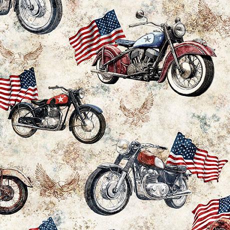 Stars Stripes & SteelMotorcycles and American Flags Birch Tan - 2600 - 31697 - E - QT Fabrics - Nebraska Quilt Company - F260855