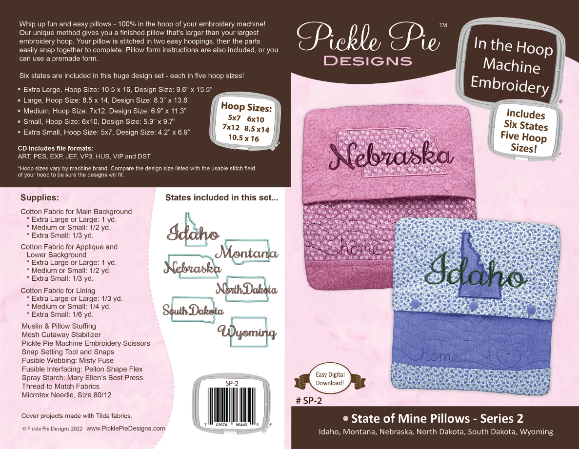 State of Mine Pillows Embroidery Design - Series 2 - Nebraska Quilt Company - E02127