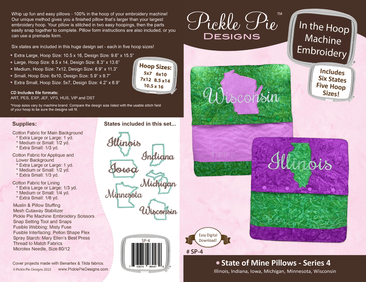 State of Mine Pillows Embroidery Design - Series 4 - Nebraska Quilt Company - E02129