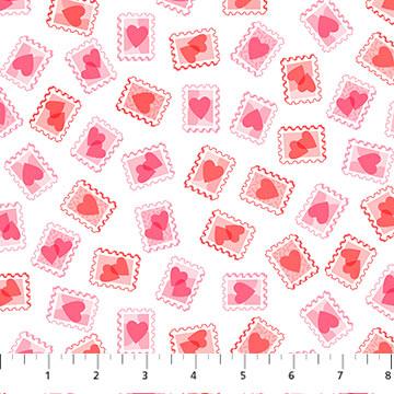 Sweet Love Heart Stamps Pink on White - 10518 - 10 - Patrick Lose Fabrics - Nebraska Quilt Company - F2400084