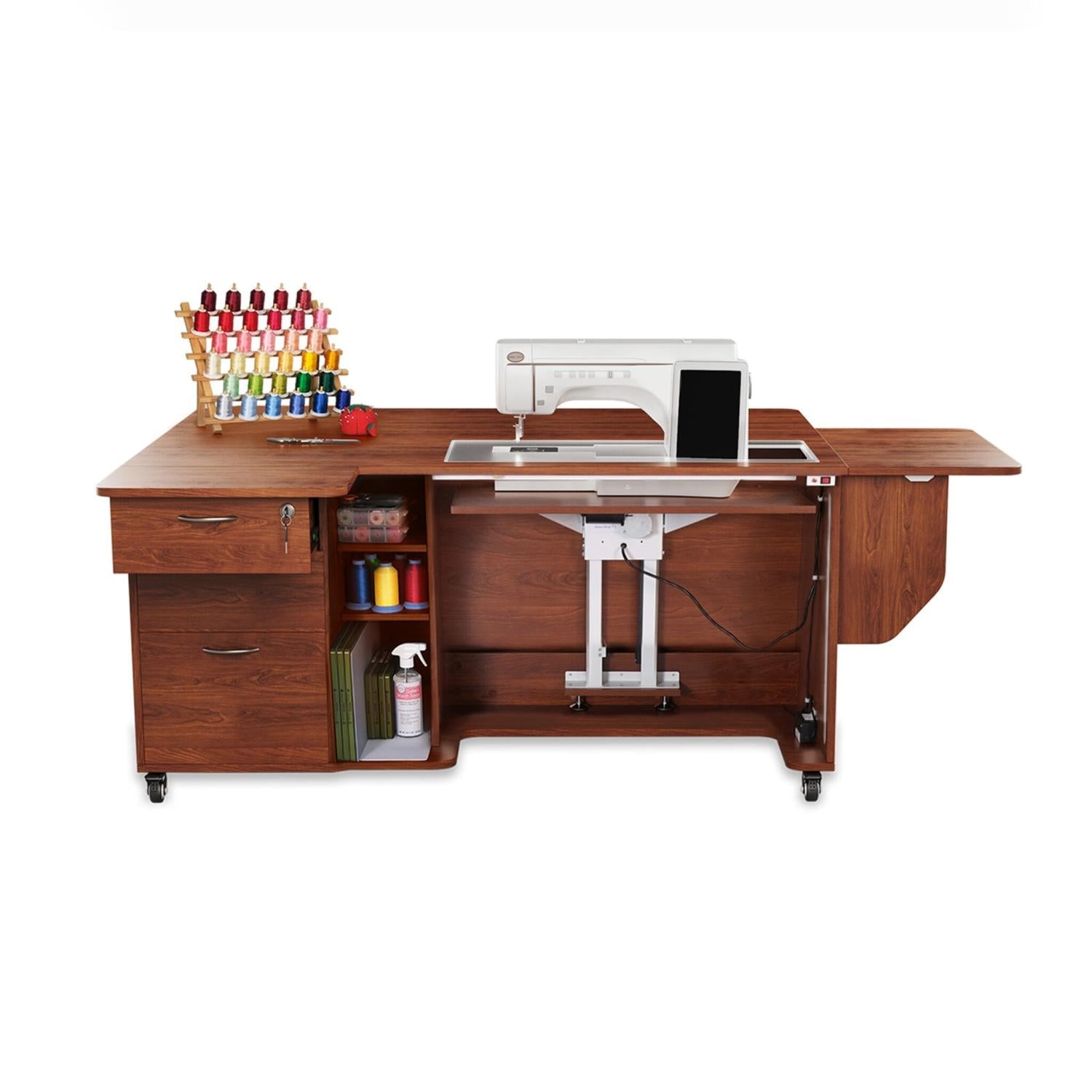 Sydney Lite XL Sewing Cabinet Electric Lift Teak - Nebraska Quilt Company - FCAK4705NDELA