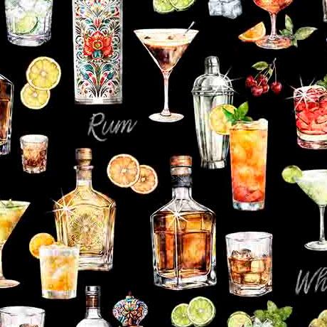 That's The Spirit Liquor Bottles & Cocktails Black - 31003 - J - QT Fabrics - Nebraska Quilt Company - That's The Spirit Liquor Bottles & Cocktails Black - 31003 - J - QT Fabrics