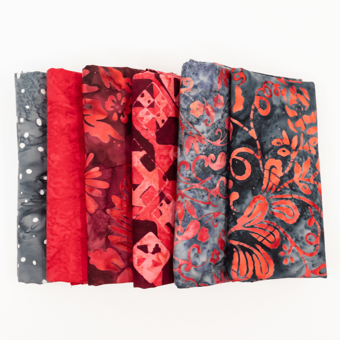 Various Batiks Half Yard Bundle Reds/Greys 6 Pieces - Nebraska Quilt Company - Various Batiks Half Yard Bundle Reds/Greys 6 Pieces
