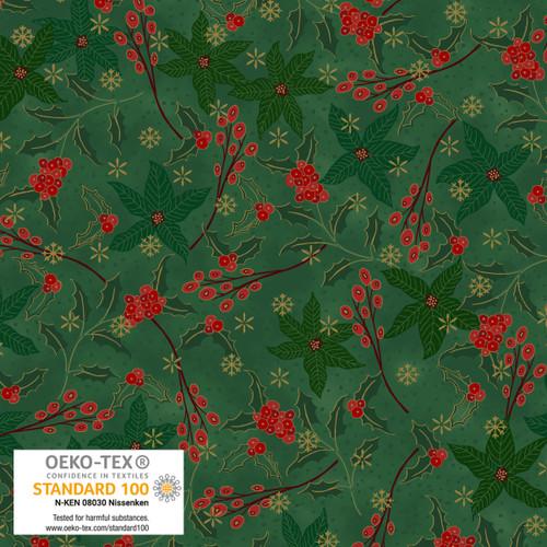 We Love Christmas Poinsetties & Hollies Metallic Green - 1 Yard Cut - Verified! - 4592M - 803 - Blank - Nebraska Quilt Company - F2402994
