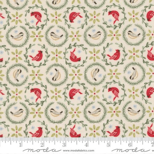 When Snow Falls Tiny Birds In Wreaths Snowy White - 56173 11 - Moda Fabrics - Nebraska Quilt Company - F261746