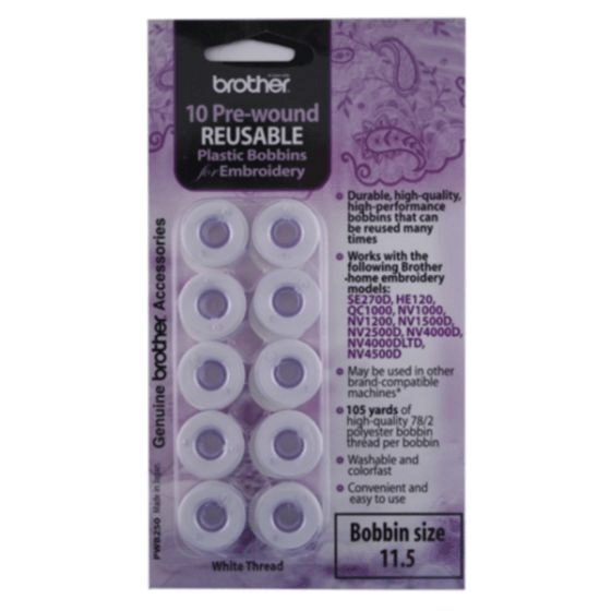 Brother 10 Pre - Wound Reusable Plastic Bobbins for Embroidery - White - Nebraska Quilt Company - APWB250