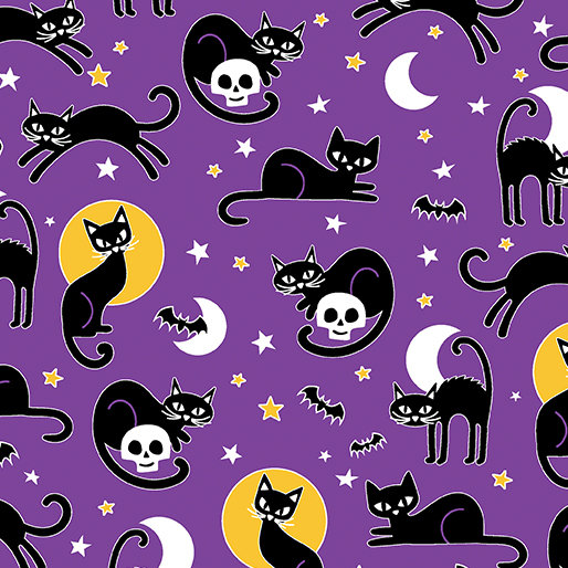 Glow - O - Ween Spooky CatsPurple - 12956G66BV15 - Benartex - Nebraska Quilt Company - F03914